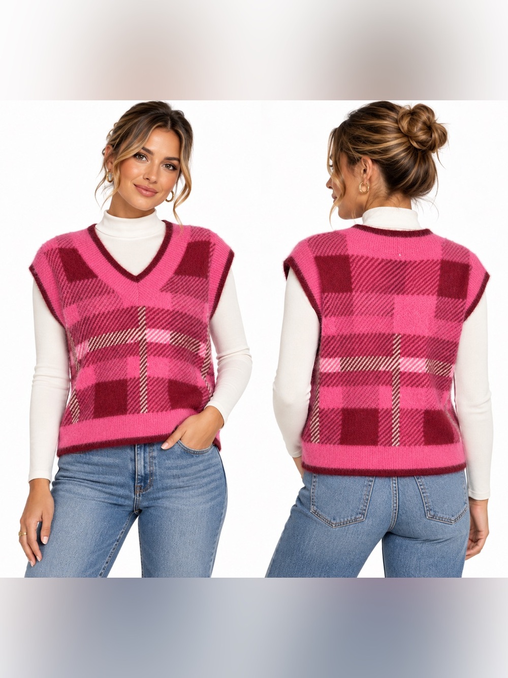 English Factory Hot Pink Plaid V-Neck Sweater Vest